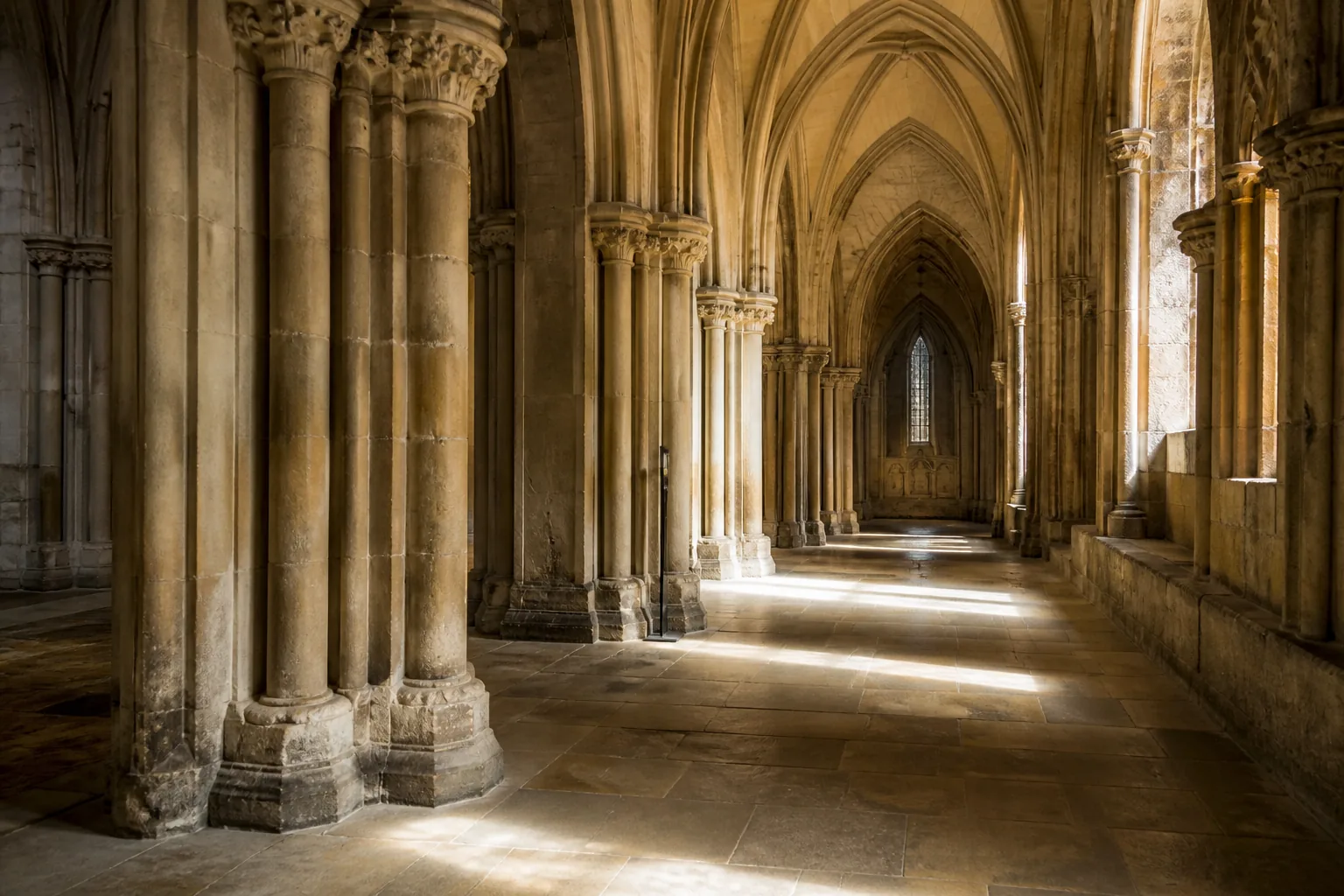 Side aisle in warm late light before the chapel