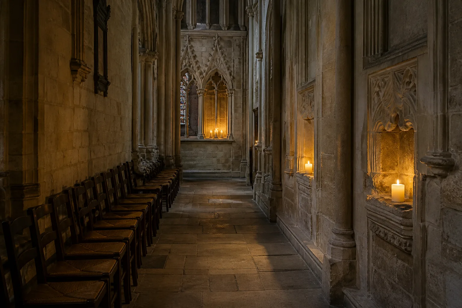 Candlelight in the choir against limestone