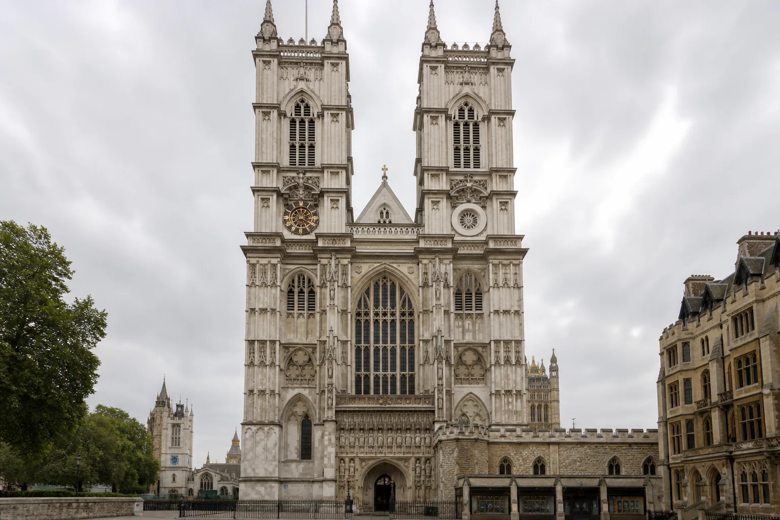 West towers of Westminster Abbey in pale overcast light